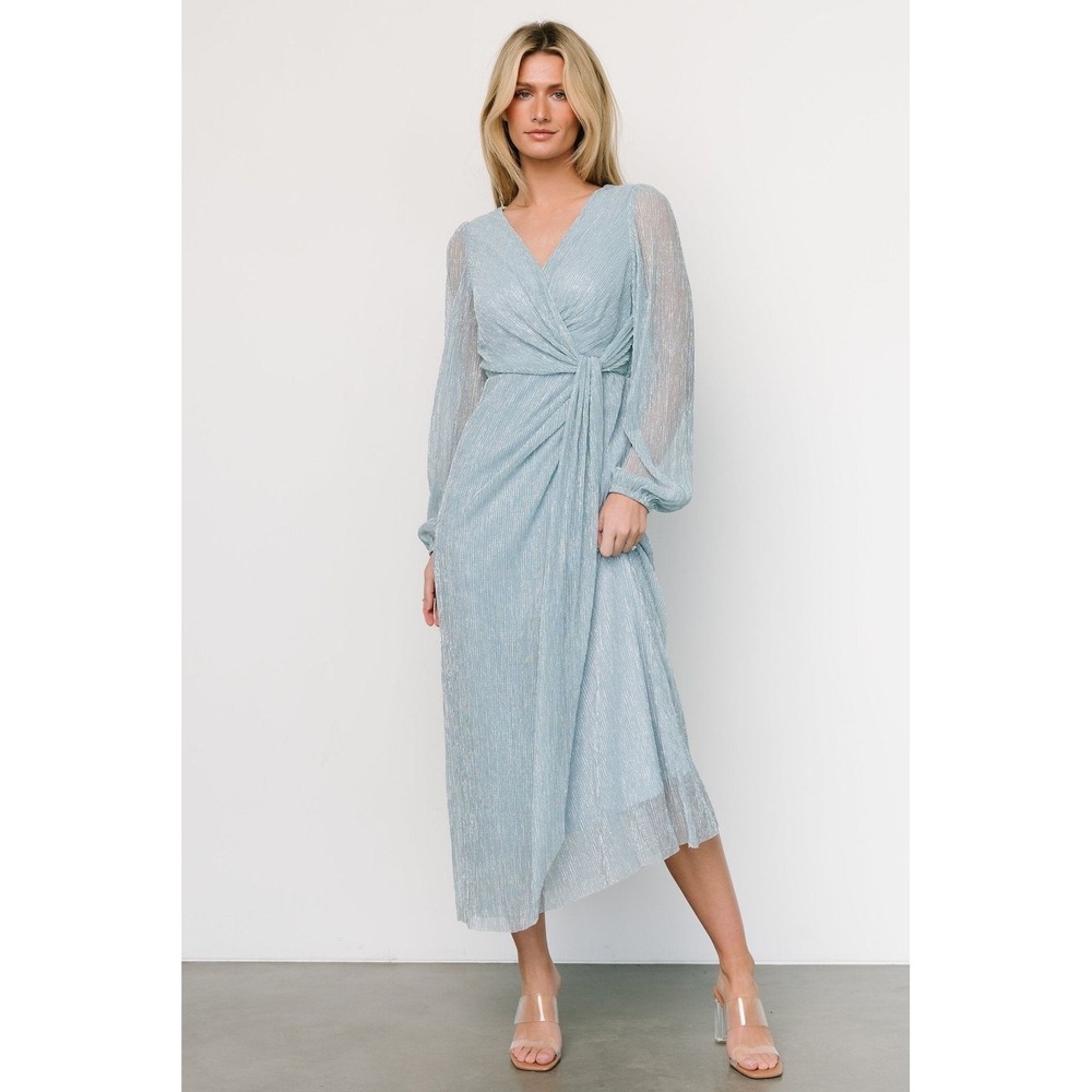 Baltic Born Devlyn Blue Metallic Plisse Maxi Dress Long Sleeve V-Neck Size L